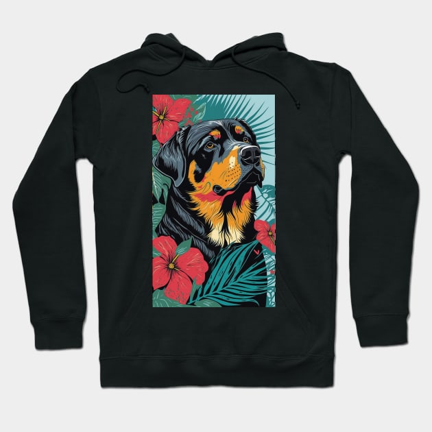 Rottweiler Dog Vibrant Tropical Flower Tall Retro Vintage Digital Pop Art Portrait Hoodie by ArtHouseFlunky